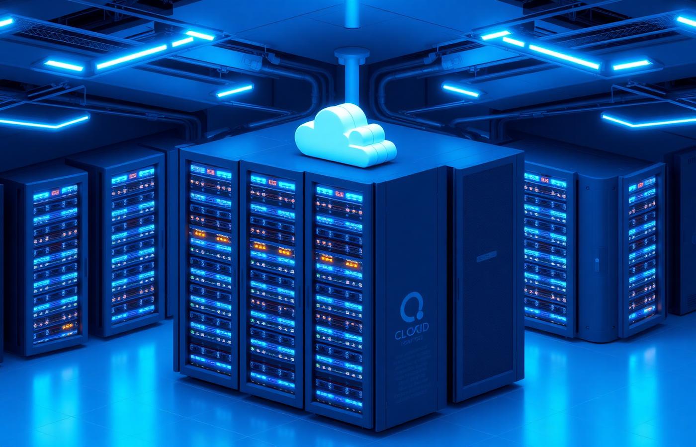 Stylized cloud infrastructure with illuminated server racks