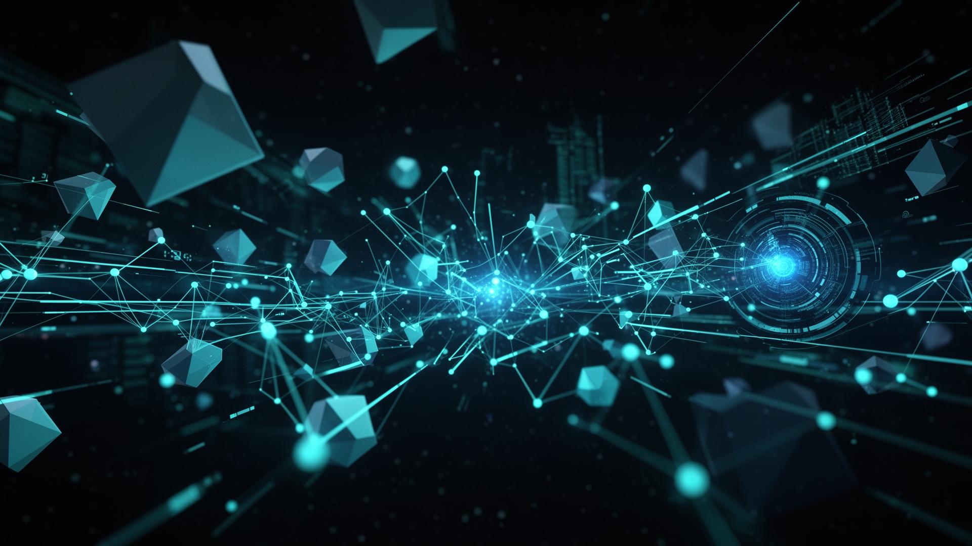 Abstract digital ecosystem of connected nodes representing software, cloud and data systems