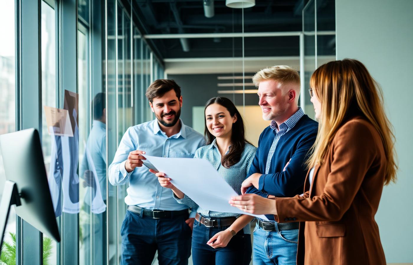 Diverse IT team discussing a project in a modern office