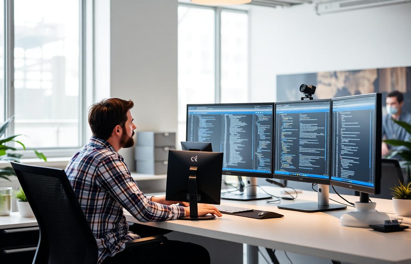 Software engineer writing code across multiple monitors in a modern office